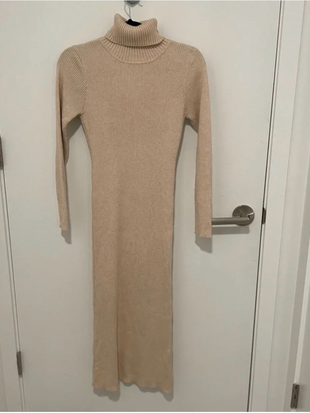 Turtleneck Maxi Knit Sweater Dress - Beige